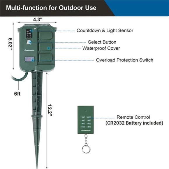 Outdoor Power Stake Timer Waterproof, 100FT Wireless Remote Control, 6 Outlets - Picture 6 of 7